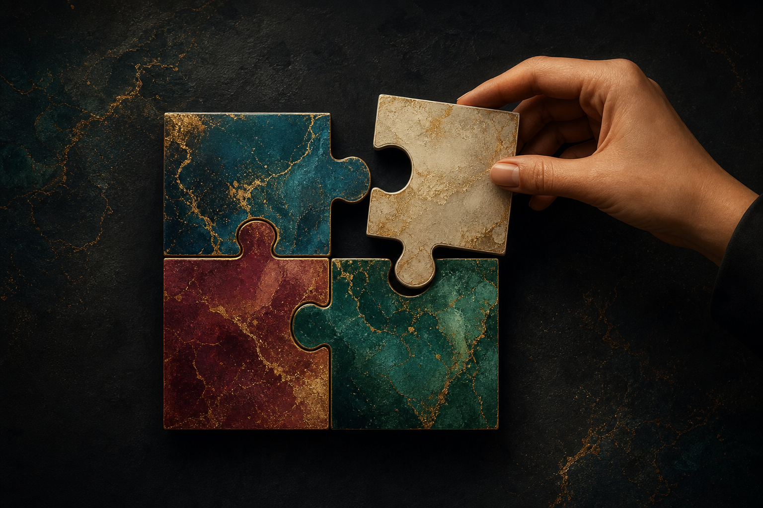 Mão encaixando a última peça de um puzzle que forma um sistema