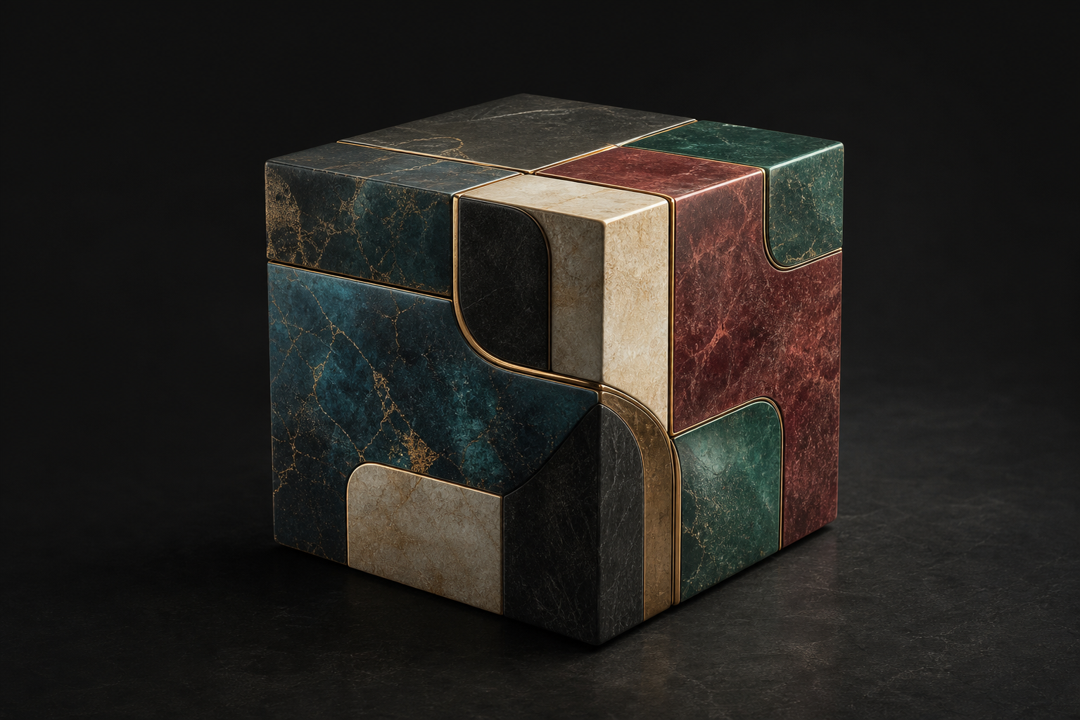 Cubo modular formado por partes diferentes, simbolizando uma estrutura de comunicação personalizada